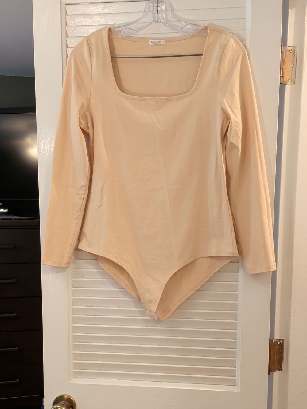 Amazon Long Sleeve Scoop Neck Bodysuit in Beige